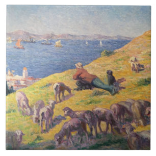 Shepherd With His Sheep Watching the Sea Tile