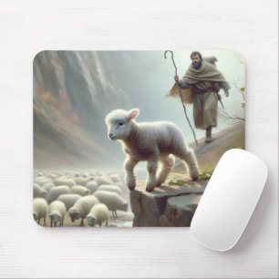 Shepherd With Lamb On Mountain Cliff Mouse Pad