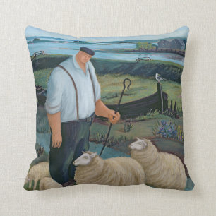 Shepherd with Sheep in River Landscape Cushion