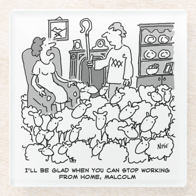 Shepherd Working from Home with Sheep. Funny Glass Coaster (Front)