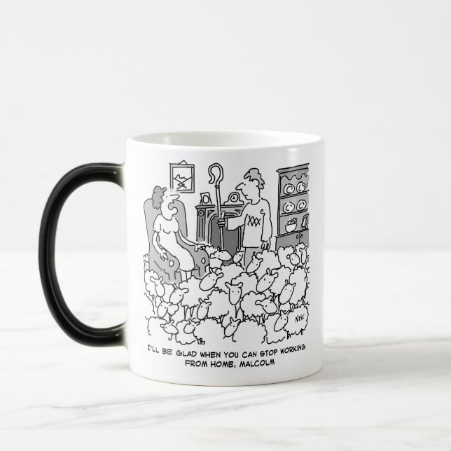 Shepherd Working from Home with Sheep. Funny Magic Mug (Left)