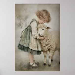 Shepherdess and Sheep Antique Print, Lamb Rustic Poster