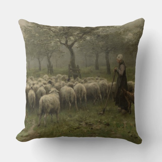 Shepherdess with a Flock of Sheep, Anton Mauve Cushion (Front)