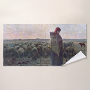 Shepherdess with Her Flock, Jean-Francois Millet Bath Towel