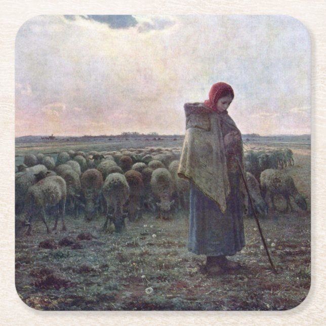 Shepherdess with Her Flock, Jean-Francois Millet Square Paper Coaster (Front)