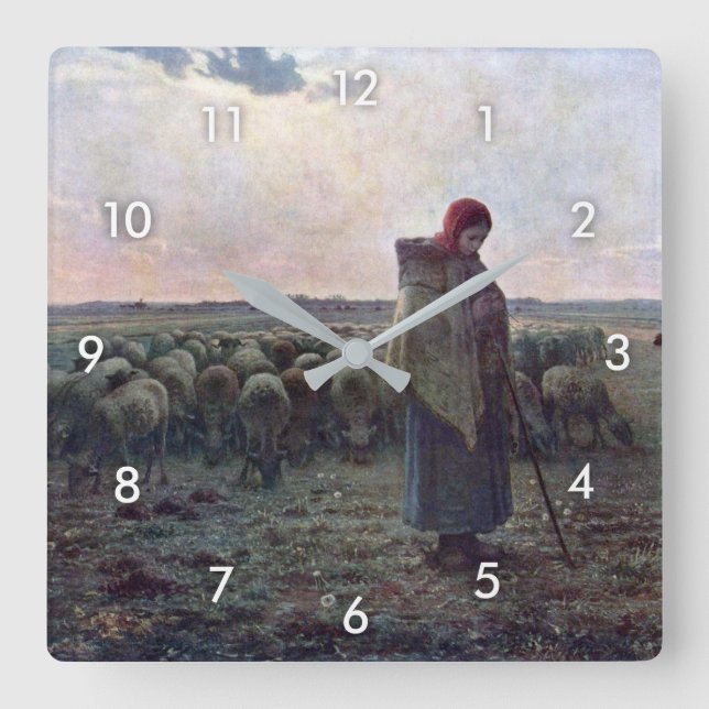 Shepherdess with Her Flock, Jean-Francois Millet Square Wall Clock (Front)