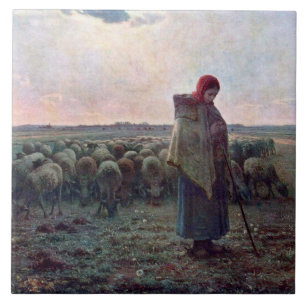 Shepherdess with Her Flock, Jean-Francois Millet Tile