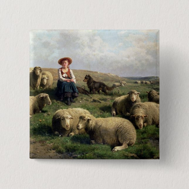 Shepherdess with Sheep in a Landscape 15 Cm Square Badge (Front)