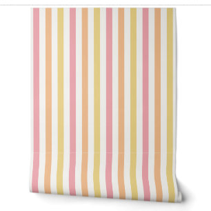 Sherbet Pink, Orange and Lemon Pastel Stripe Wallpaper