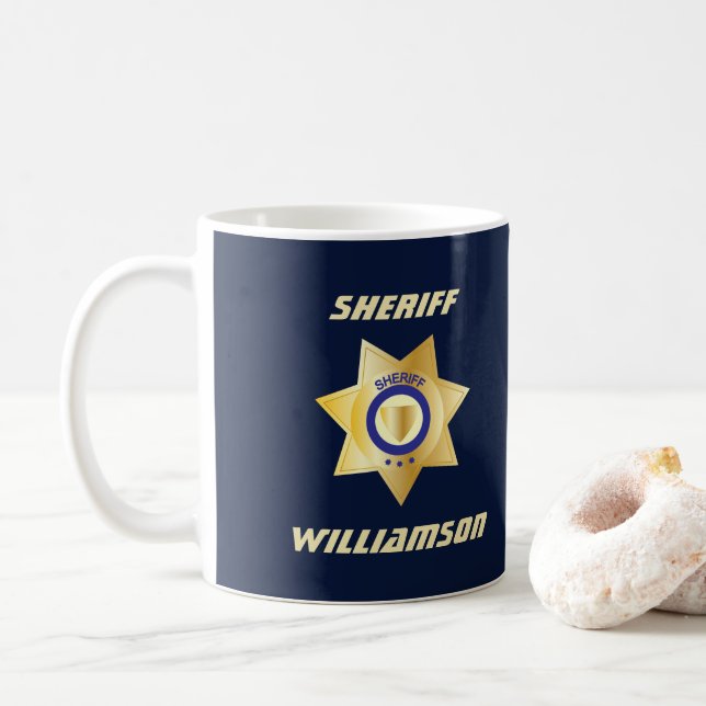 Sheriff Gold Star Badge Personalised Coffee Mug (With Donut)