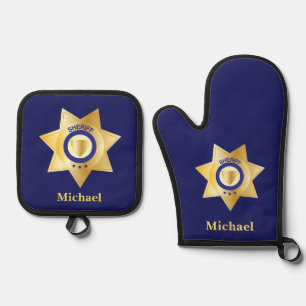 Sheriff Gold Star Badge Personalised Oven Mitt & Pot Holder Set