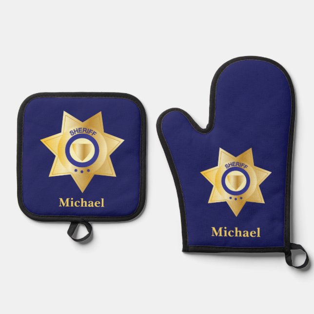 Sheriff Gold Star Badge Personalised Oven Mitt & Pot Holder Set (Front)