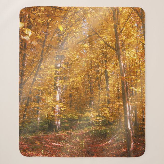 Sherpa Blanket Autumn forest Gold Rays (Front)