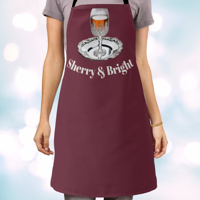 Sherry & Bright Amusing Novelty Christmas Kitchen Apron (A burgundy Christmas apron with funny 'Sherry and Bright' pun and picture of a glass of sherry)