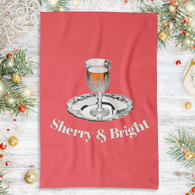 Sherry & Bright Drink Glass Funny Red Christmas Tea Towel (A festive red kitchen towel with a glass of sherry on a silver platter, with amusing caption)