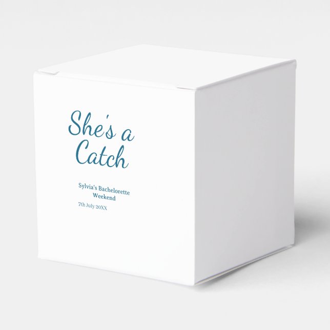She's a catch bachelorette weekend name blue date  favour box (Front Side)