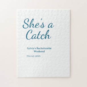 She's a catch bachelorette weekend name blue date jigsaw puzzle