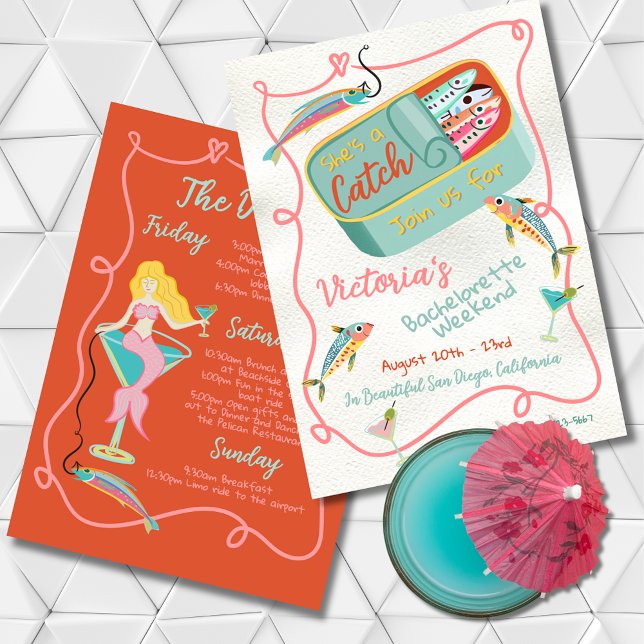 She's a Catch Bachelorette Weekend Sardine Mermaid Invitation (Creator Uploaded)