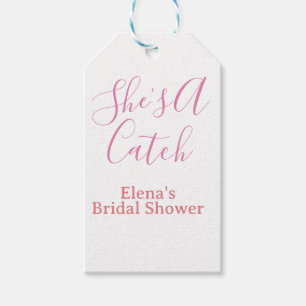 she's a catch bridal shower name date pink purple  gift tags