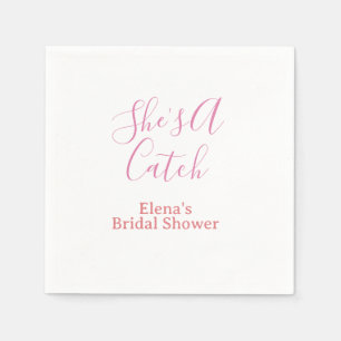 she's a catch bridal shower name date pink purple  napkin