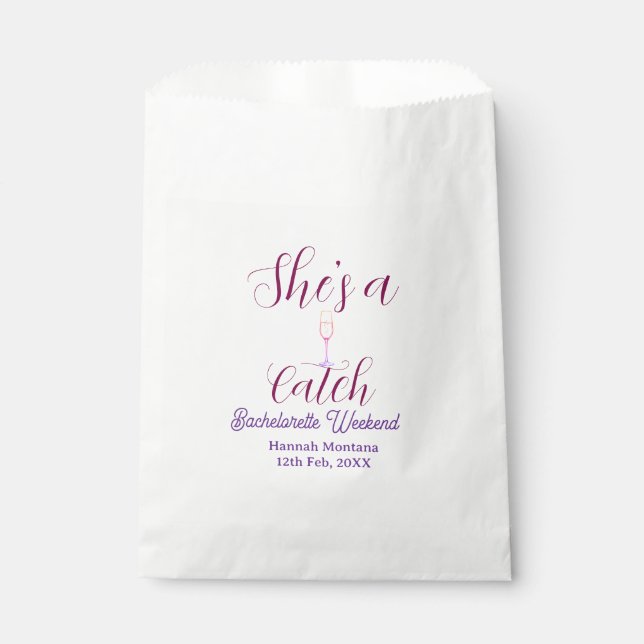 She's a catch champagne bottle bachelorette weeken favour bags (Front)