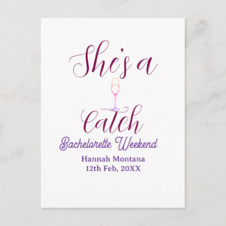 She's a catch champagne bottle bachelorette weeken postcard