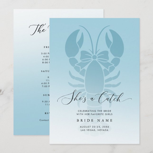 She's a Catch Coastal Lobster Bachelorette Weekend Invitation (Front/Back)