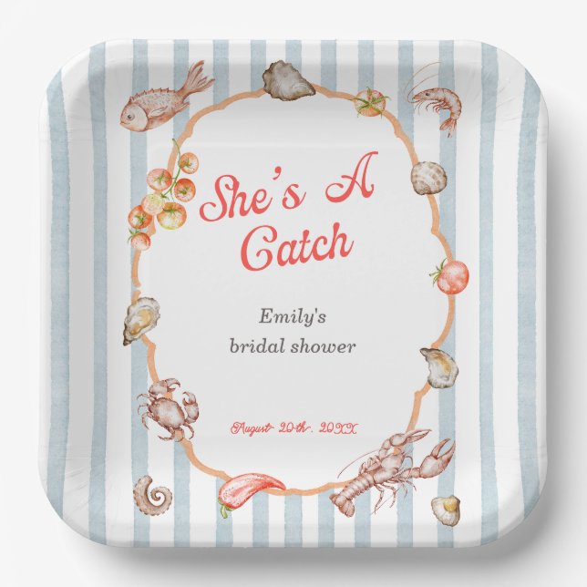 She's A Catch Lobster Coastal Bridal Shower Paper Plate (Front)