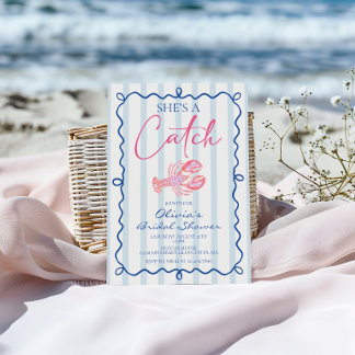 She's a Catch Preppy Coastal Lobster Bridal Shower Invitation