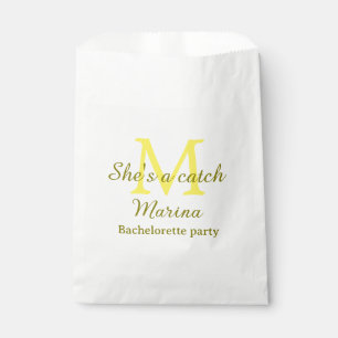 She's a catch yellow monogram bachelorette party n favour bags