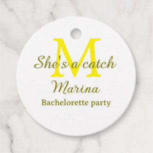She's a catch yellow monogram bachelorette party n favour tags