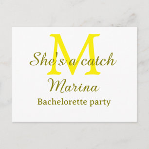 She's a catch yellow monogram bachelorette party n holiday postcard