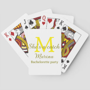 She's a catch yellow monogram bachelorette party n playing cards