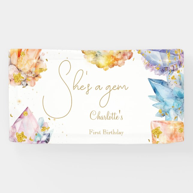 She's a Gem Birthday Crystals Girl's watercolor Banner (Horizontal)