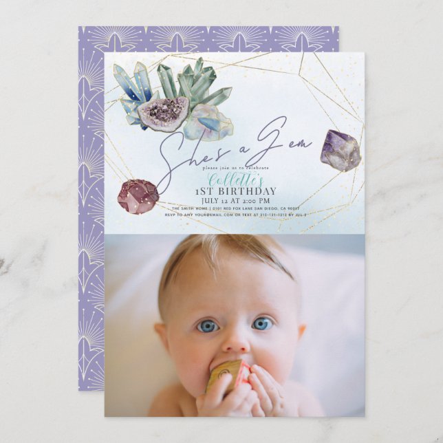 She's a Gem Crystals Gemstone Geology 1st Birthday Invitation (Front/Back)