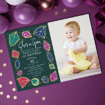 She's a Gem Crystals Gemstone Kid Photo Birthday Invitation<br><div class="desc">This trendy "she's a gem" kids birthday invitation features jewel-toned colours with crystals and gemstones. The reverse side features a pattern of twinkling gold stars. Personalise it for your needs. You can find matching products at my store.</div>