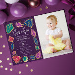 She's a Gem Crystals Gemstone Kid Photo Birthday Invitation<br><div class="desc">This trendy "she's a gem" kids birthday invitation features jewel-toned colours with crystals and gemstones. The reverse side features a pattern of twinkling gold stars. Personalise it for your needs. You can find matching products at my store.</div>