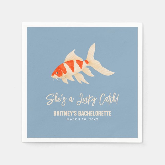 She's A Lucky Catch Koi Fish Blue Bachelorette Napkin (Front)
