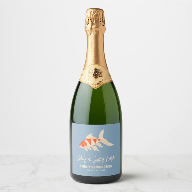 She's A Lucky Catch Koi Fish Blue Bachelorette Sparkling Wine Label (Front)