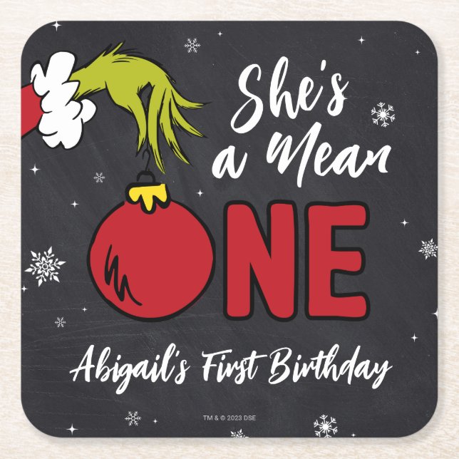 She's a Mean One | Grinch Birthday Square Paper Coaster (Front)