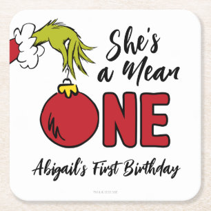 She's a Mean One   Grinch Birthday Square Paper Coaster