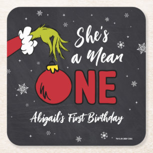 She's a Mean One Grinch Chalkboard Birthday Square Paper Coaster