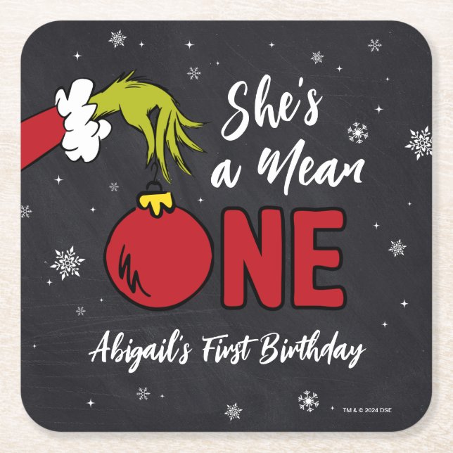She's a Mean One | Grinch Chalkboard Birthday Square Paper Coaster (Front)