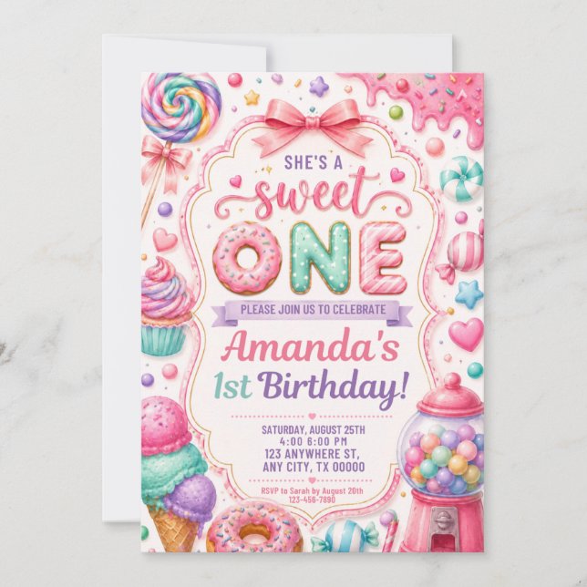She's a Sweet One Birthday Invitation Template (Front)