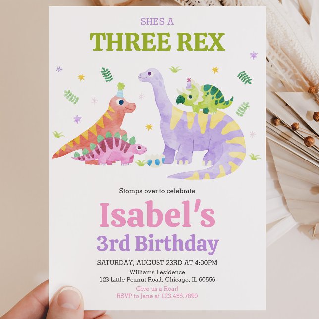 She's a Three rex Trex Dinosaur Birthday Invitation (Creator Uploaded)
