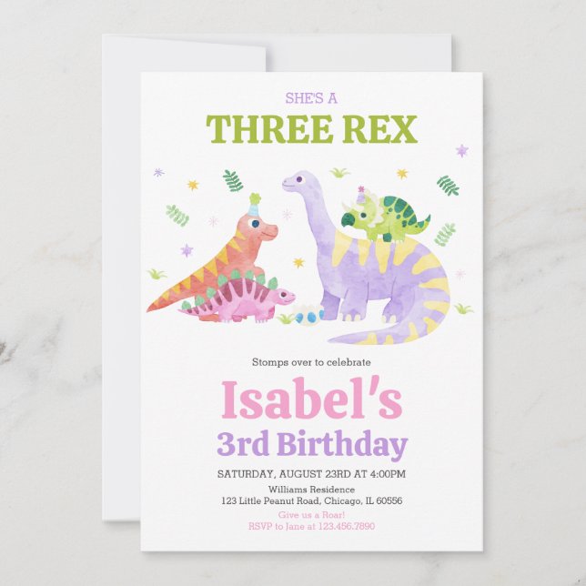 She's a Three rex Trex Dinosaur Birthday Invitation (Front)