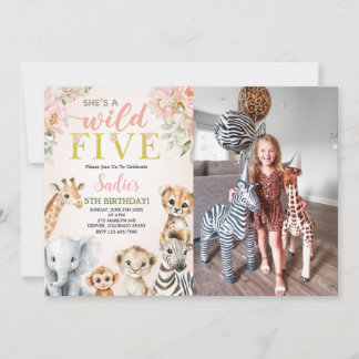 She's a Wild Five Floral Safari Birthday Photo Invitation