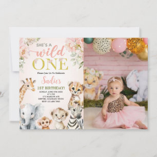She's a Wild One Floral Safari Birthday Photo Invitation