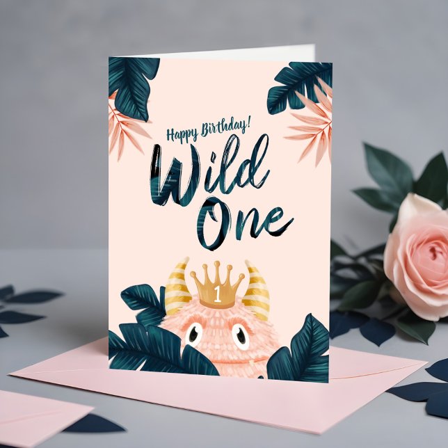 She's a Wild One Pink Monster & Tropical Jungle Card (She's a Wild One Pink Monster & Tropical Jungle Card)