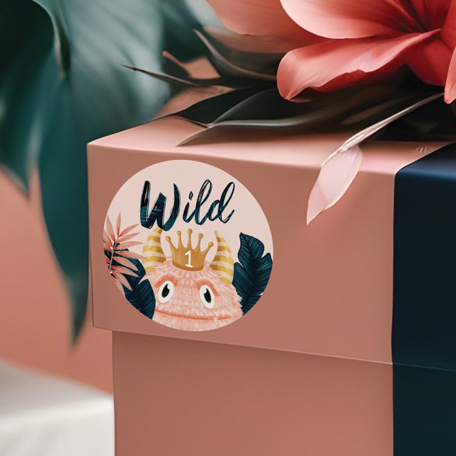 She's a Wild One Pink Monster & Tropical Jungle Classic Round Sticker (She's a Wild One Pink Monster & Tropical Jungle Classic Round Sticker)